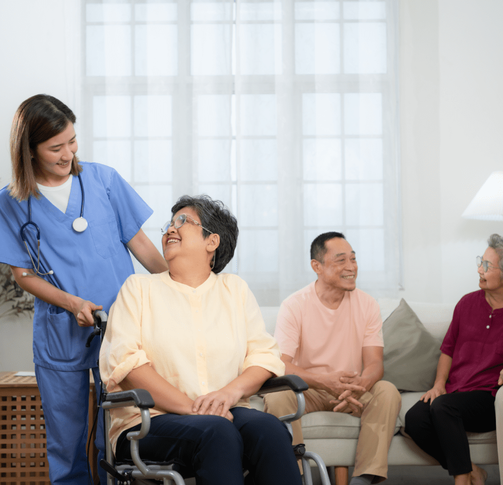 Group of elderly and Asian senior female patient and nurse in nursing home, Elderly people in nursing home concept